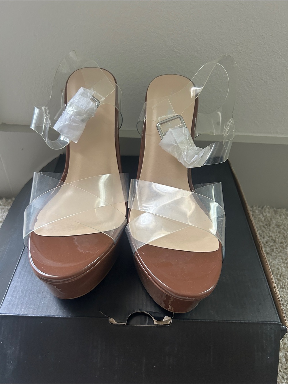 Fashion Nova Clear Strap Platform Sandals in Brown